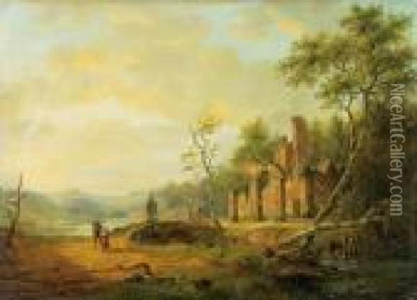 Ampio Paesaggio Con Rovine E Veduta Di Una Citta Sullo Sfondo Oil Painting - Albert Edouard Moerman