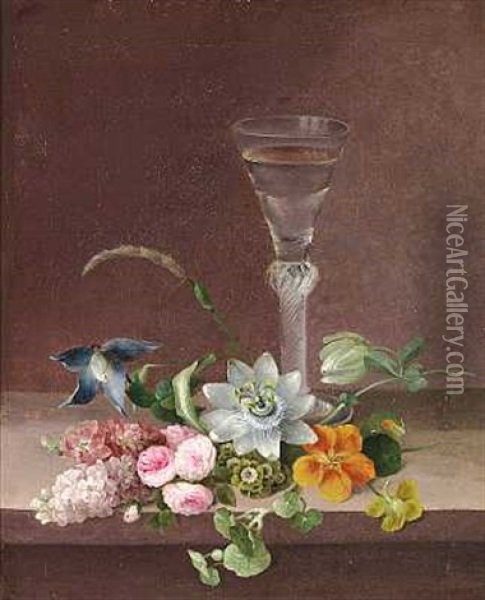 Sommerblomster Og Et Glas Pa En Karm Oil Painting - Johannes Ludwig Camradt