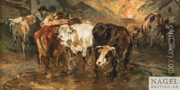 Brennendes Gehoft. Verangstigte Rinder Auf Der Flucht Oil Painting - Anton Braith