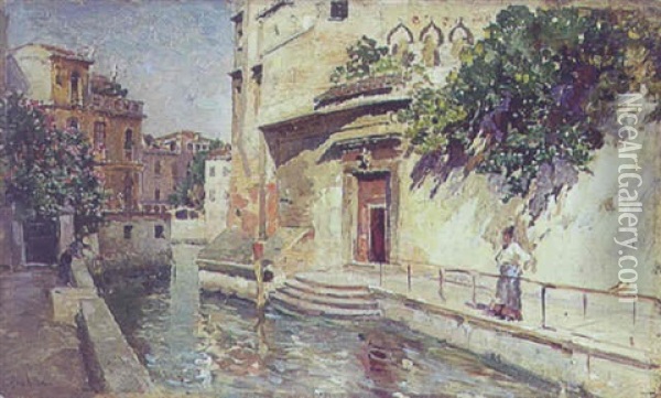 Veneziansk Kanalparti Oil Painting - Francisco Pradilla y Ortiz