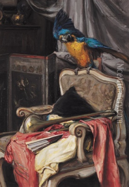 Stilleben Mit Papagei Und Trompete. Kunstlerisches Interieur Oil Painting - Alois Hanisch