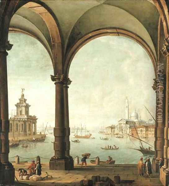 A capriccio of the Bacino di San Marco, Venice, from the entrance to the Giudecca, with the Punta della Dogana and San Giorgio Maggiore Oil Painting - Antonio Joli