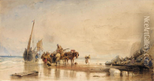 Figures Unloading Fishing Boats On The Shore Oil Painting - George Howse