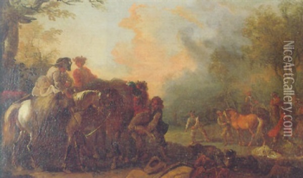 Cavalry Officers Mounting Their Horses In An Encampment Outside A Village Oil Painting - Charles Parrocel