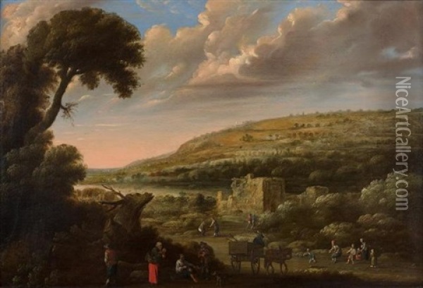 Paysans Pres De Ruines En Bordure De Fleuve Oil Painting - Joost Cornelisz. Droochsloot