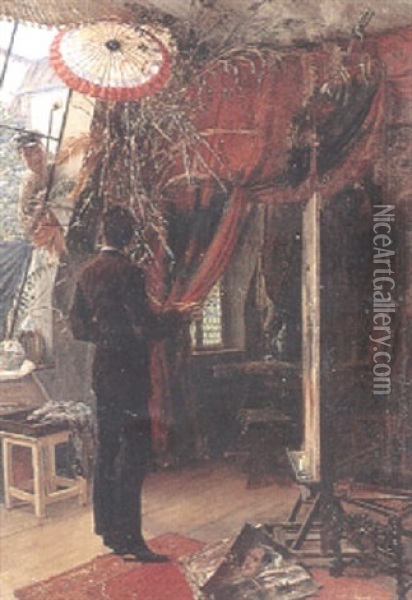 Oss Kollegor Emellan - Interior Med Konstnar Vid Sitt Staffli, Pa Utsidan En Malare Oil Painting - Karl Behm