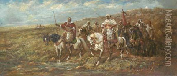 Arab Warriors Fording A Stream Oil Painting - Louis, Lewis Hubner