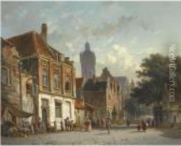 A Town Scene Oil Painting - Adrianus Eversen