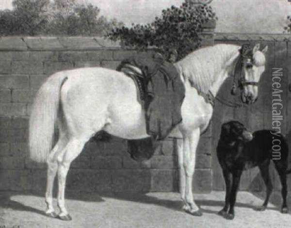 A Grey Horse And A Hunting Dog By A Garden Wall Oil Painting - Benjamin Herring Jr.