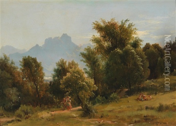 Scene With Trees Near Brannenberg, Bavaria - August Oil Painting - Ludwig Georg Eduard Halauska