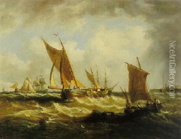 Fishing Boats In A Swell Oil Painting - John Moore Of Ipswich