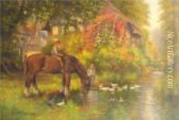 A Man On Horseback Watering With
 Children And Ducks In A Pond And Timbered Buildings Beyond Oil Painting - Arthur Stanley Wilkinson