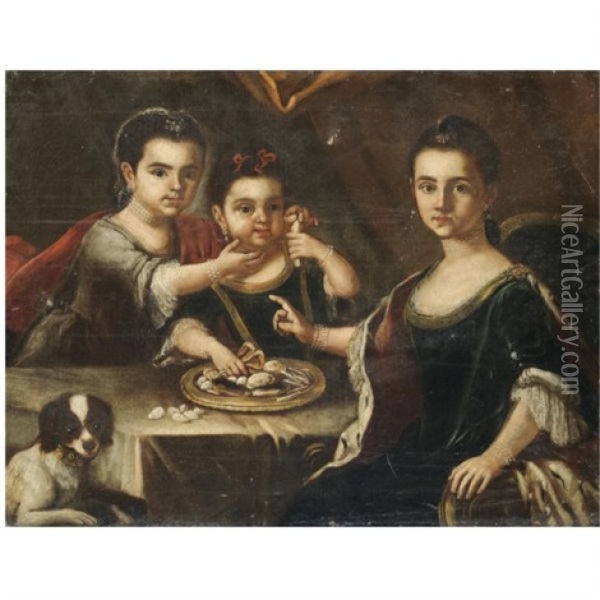 Portrait Of Three Elegantly Dressed Children Eating Sweetmeats At A Table With A Dog Oil Painting - Giuseppe Bonito