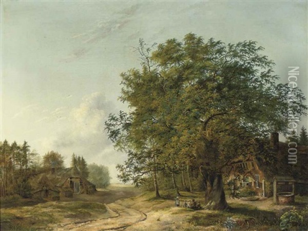 A Wooded Landscape With Children Playing Near A Cottage Oil Painting - Pietersz (Pieter) Barbiers