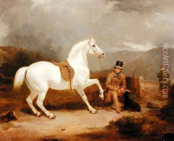 Mr. Johnstone King's Grey Shooting Pony Waiting with a Groom on a Scottish Moor, 1835 Oil Painting - Thomas Woodward