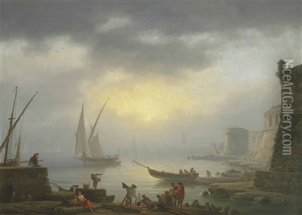 A Harbour At Sunrise Oil Painting - Claude Joseph Vernet