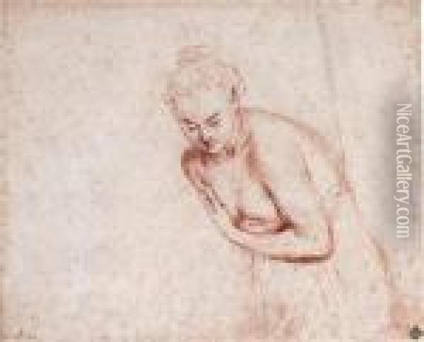 A Female Nude, Half-length, In A
 Shift Leaning Forward With Herhands Concealing Her Breasts Oil Painting - Watteau, Jean Antoine
