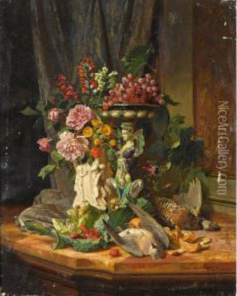 A Still Life With Flowers, Fruit And Game Oil Painting - David Emil Joseph de Noter