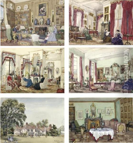 Two Albums Of Approximately Two Hundred And Eighty Nine Drawings And Watercolours On One Hundred And Eighty Two Sheets, Including Interiors Of Hockwold; 6 Montague Street; Munden; Teddesley, Staffordshire; Delapre Abbey; Moor Park; Farming Woods, Northamp Oil Painting - Caroline Keron