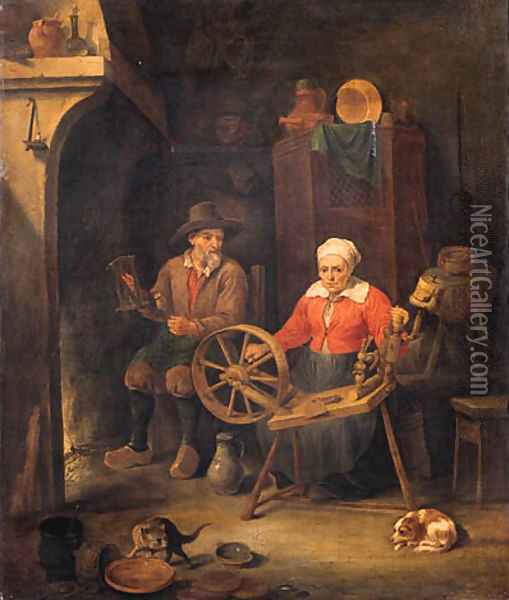 A peasant couple at a spinning wheel by a fire in a barn Oil Painting - David Ryckaert III