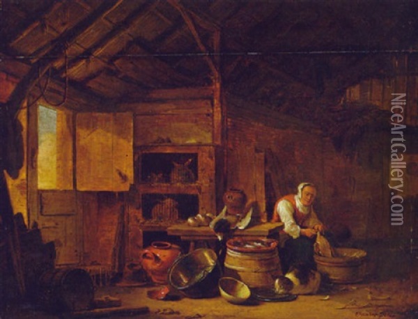 A Woman Plucking A Duck In A Barn Oil Painting - Egbert Lievensz van der Poel