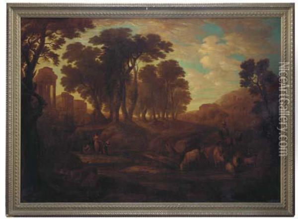 An Extensive Wooded Landscape With Figures And Cattle On A Track, Classical Ruins Beyond Oil Painting - Claude Lorrain (Gellee)