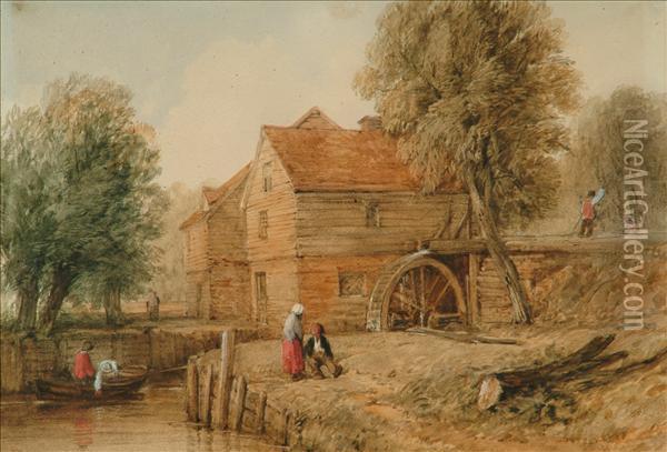 Figuresby A Watermill Oil Painting - Thomas Lound