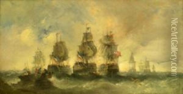 English And French Fleets In Action Oil Painting - William McAlpine
