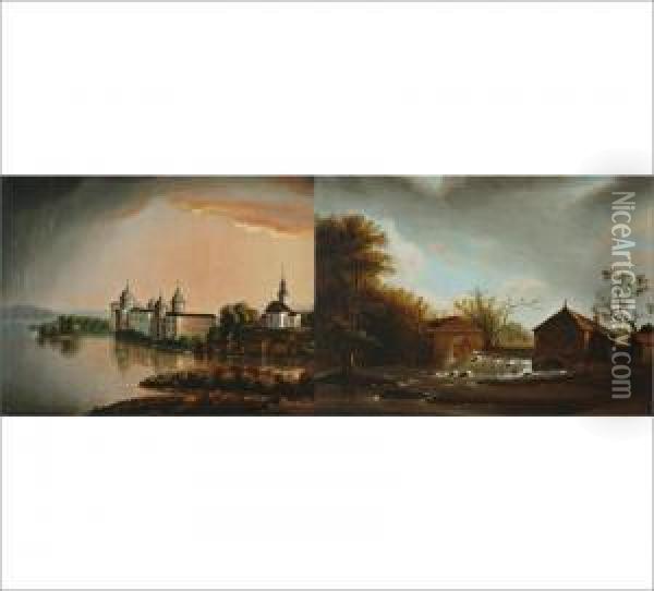 A Pair Of Paintings Depicting Views Of The Gripsholm Castle And A Mill Oil Painting - Ida Silfverberg