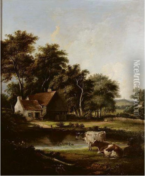 Wooded Landscape With Cattle Oil Painting - John Birch