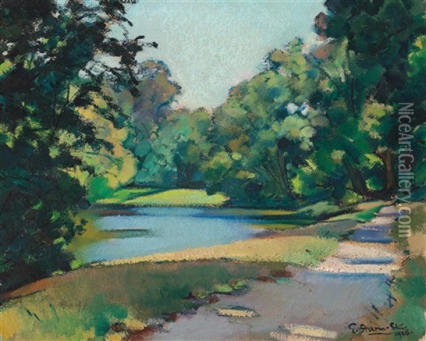 River Landscape Oil Painting - Egge (eugen) Sturm-Skrla