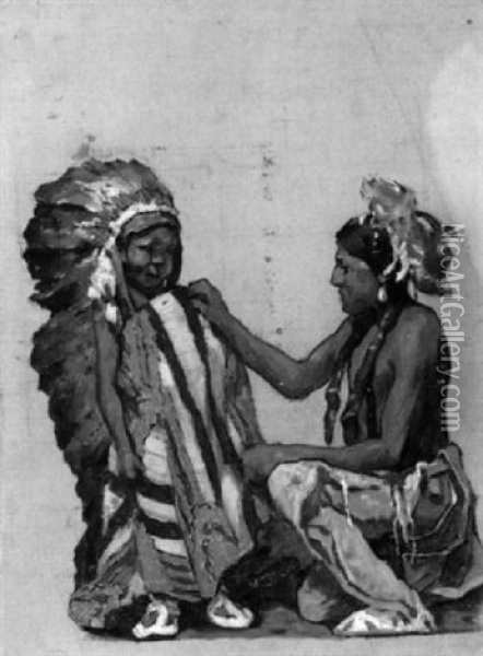 Native Americans / Sketch For Beacon Blanket Oil Painting - Eanger Irving Couse