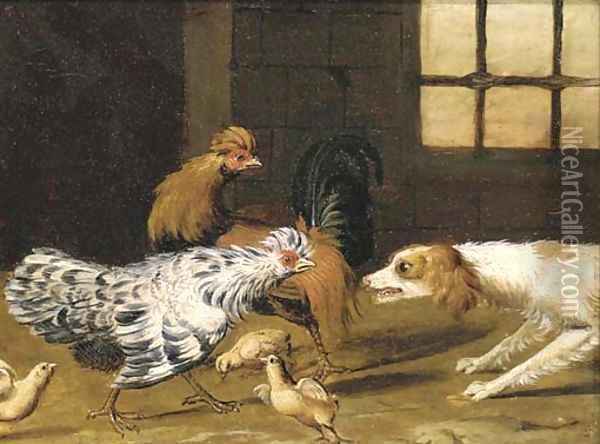 A spaniel chasing a cockeral, a hen and chicks Oil Painting - Adriaen van Utrecht