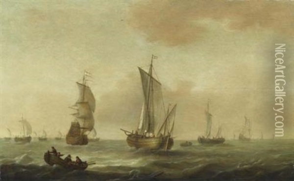 Fischer In Einem Ruderboot Vor Vielen Segelschiffen Oil Painting - Pieter Coopse