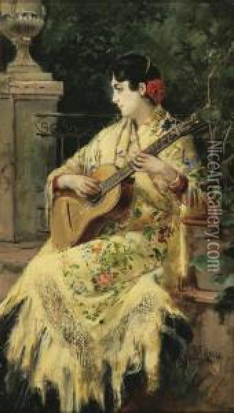 Spanish Lady Playing Guitar Oil Painting - Harry Humphrey Moore