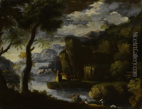 Arkadische Landschaft Mit See Und Figurenstaffage Oil Painting - Pietro Testa