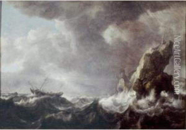 A Ship In Distress In Stormy Seas Oil Painting - Simon De Vlieger