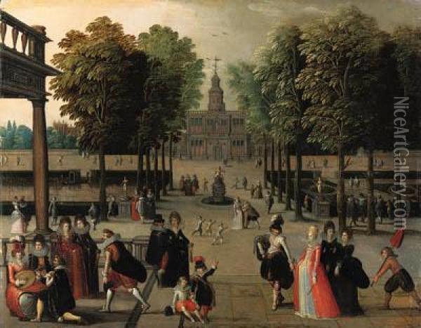 An Elegant Company In A Park With A Boating Lake And Formal Garden,a Palace Beyond Oil Painting - Louis de Caullery