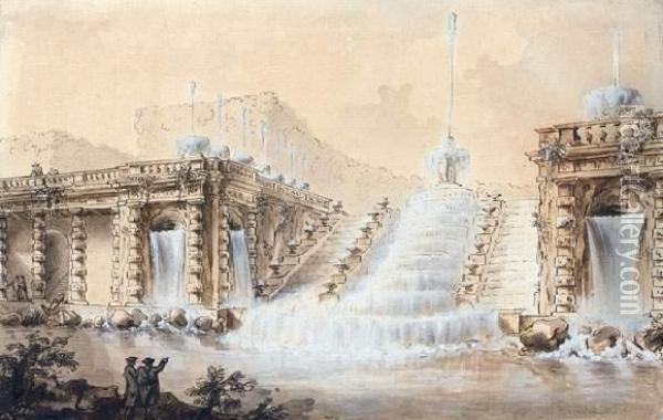 Fontaine En Escalier Dans Un Jardin Italien Oil Painting - Charles de Wailly
