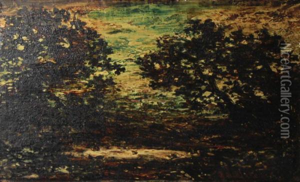 Sunset Scene - Dark Trees Around A Pool Oil Painting - Ralph Albert Blakelock
