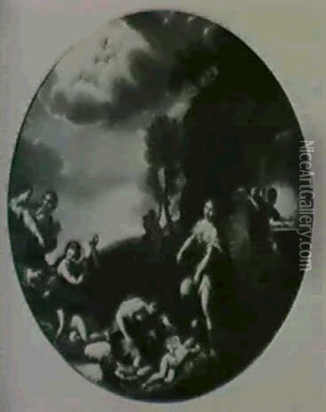 Venus Dans La Forge De Vulcain                              Diane Et Ses Nymphes (2 Toiles Rondes) Oil Painting - Francesco Albani
