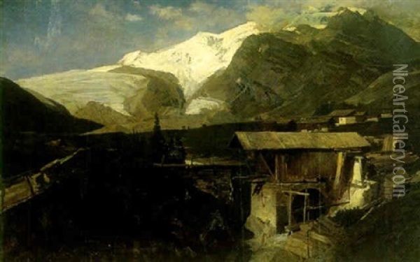 Kanderthal Im Gotthard, Bjerglandskab Med I Forgrunden Vandmolle Og Huse Oil Painting - Theodor Joseph Hagen