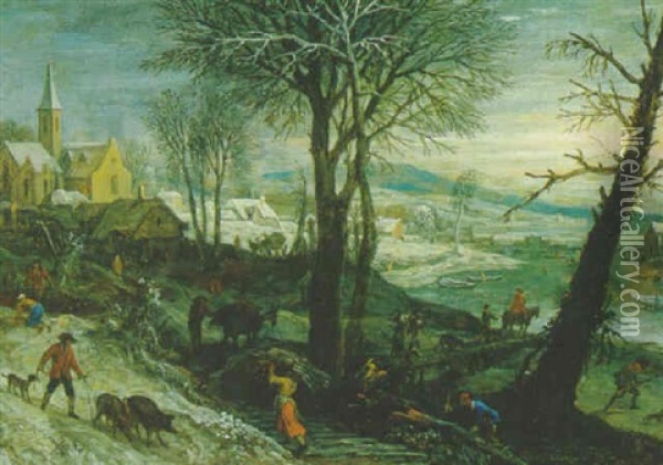 Dorf An Einem Flus Im Winter Mit Bauern Und Einem Reiter Oil Painting - Pieter Dircksz van Santvoort