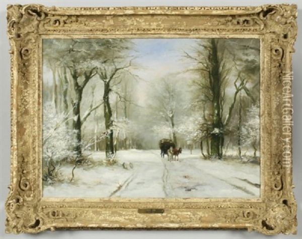 Wintry Landscape With A Horse And Cart Coming Down The Path Oil Painting - Louis Apol