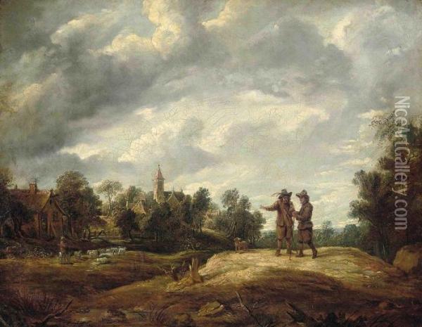 Two Travellers On A Path Before A Village Oil Painting - David The Younger Teniers