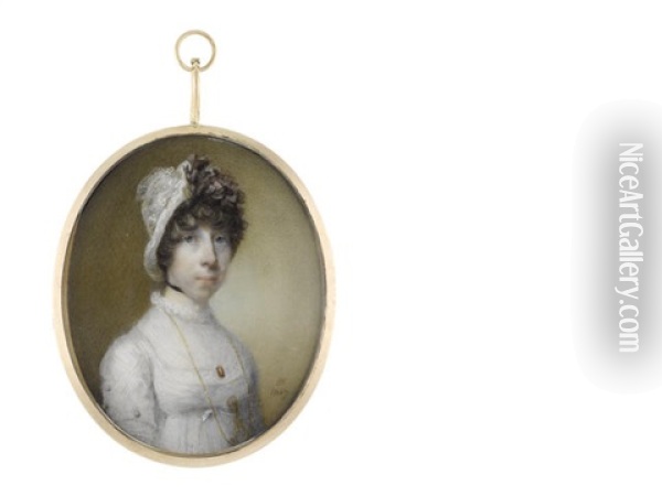 A Lady, Wearing White Dress With Lace Trim And Fill-in With Frilled Collar, Her Gold Monocle On A Long Gold Chain Suspended From Her Neck And Secured Beneath Her Bust Oil Painting - Horace Hone