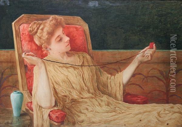 'idling', A Young Lady Seated, Unravelling Aball Of Wool Oil Painting - Reginald Barber