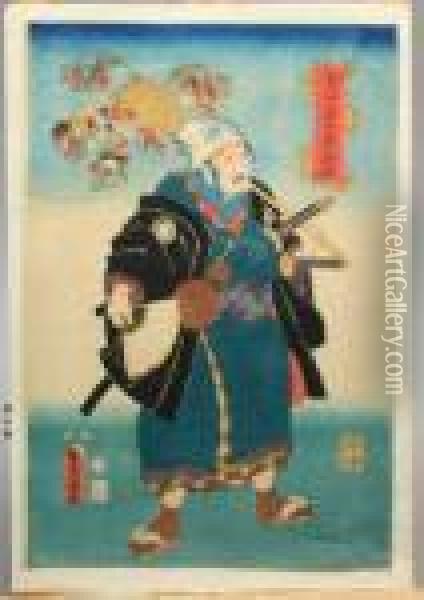 Figure Carrying Two Swords, A Fan, And An Ornate Banner Oil Painting - Utagawa Toyokuni Iii