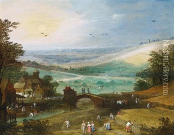 A Summer Landscape With Figures Bringing In The Harvest Oil Painting - Philips de Momper the Elder
