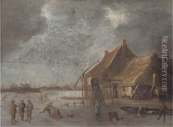 A Winter Landscape With Skaters And Kolf Players By A Village On Afrozen Lake Oil Painting - Jan van Goyen